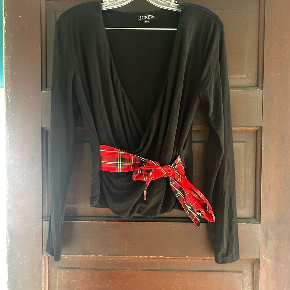 J.Crew Black Wrap Top with Red Plaid Waist Tie